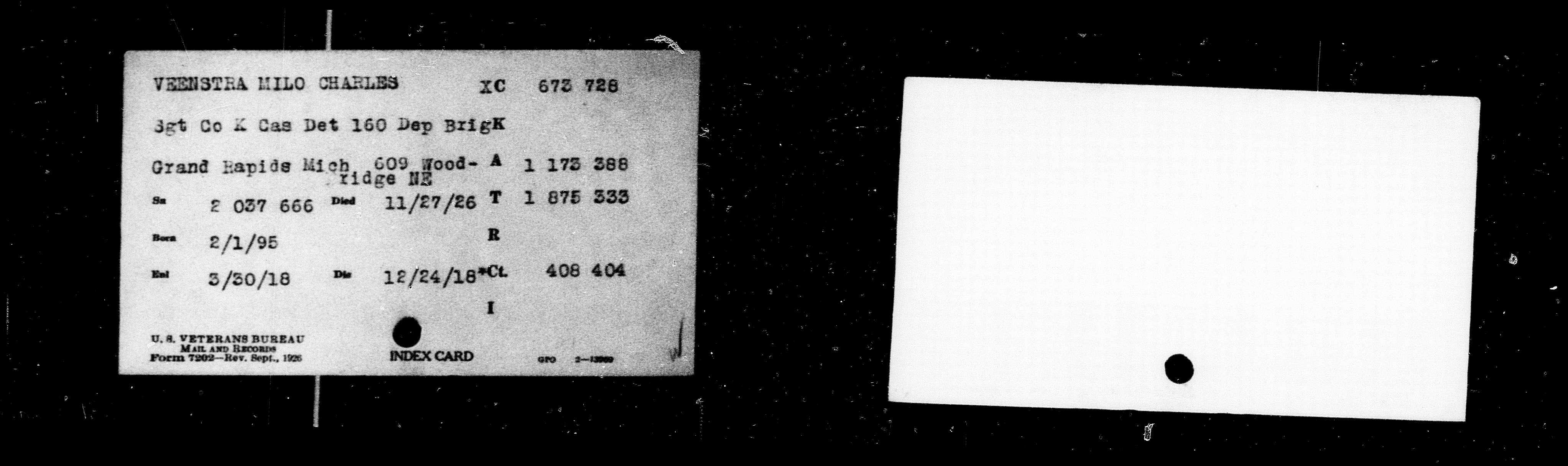 Milo Sierds Veenstra - Veterans Administration Master Index Card.