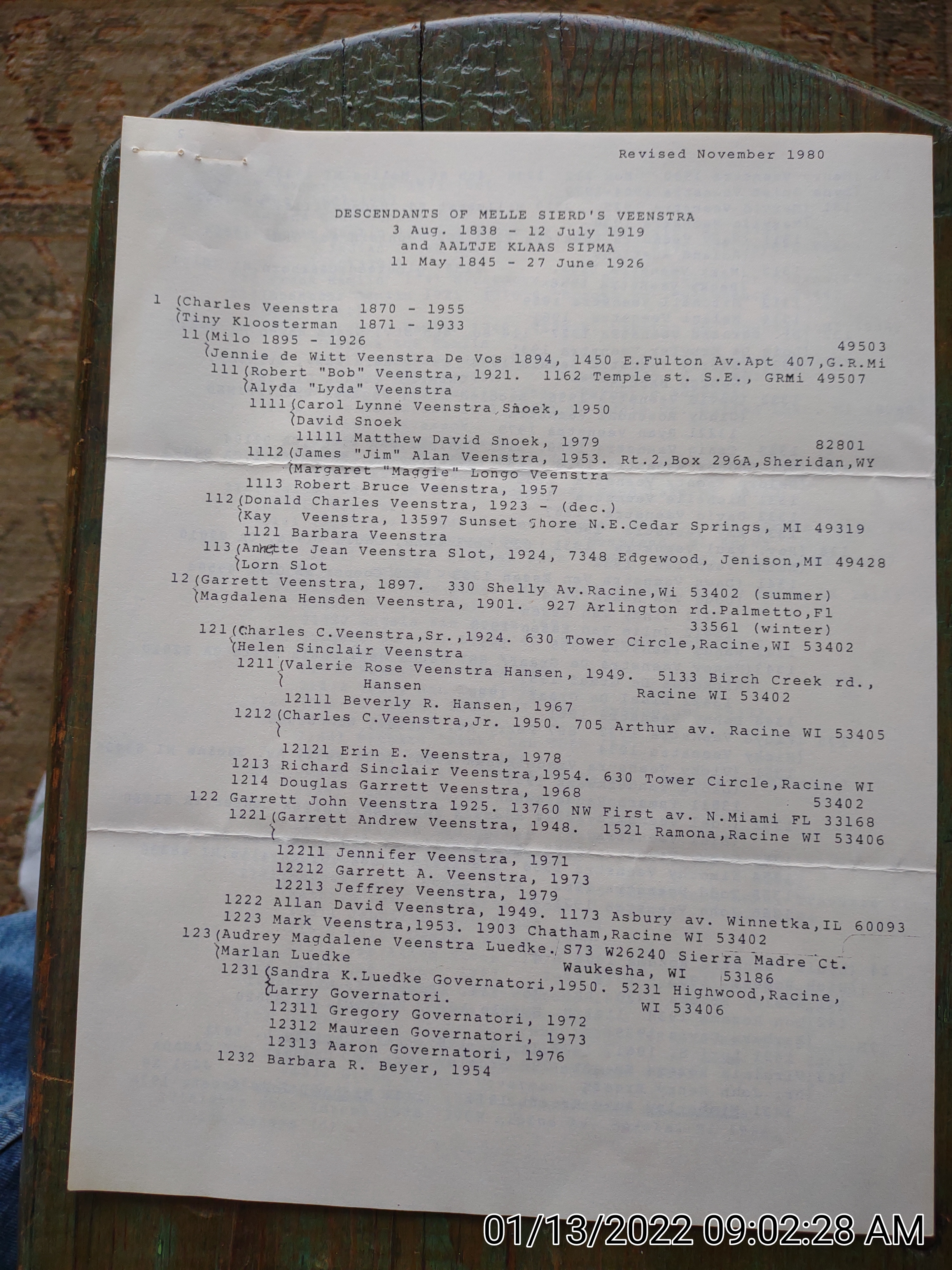 Melle Sierds Veenstra - Descendant List 1980 pg1 (FH Updated)
