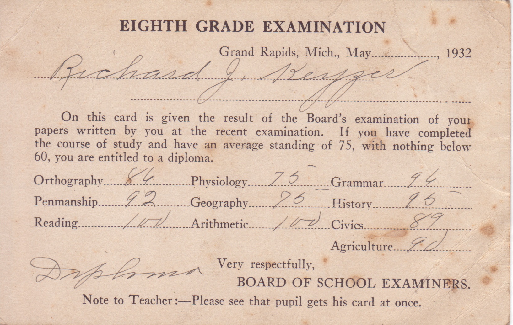 Richard Keyzer - Exam Card, 8th Grade, 1932