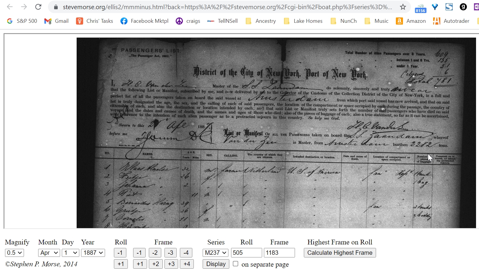 Jelle Jans Veenstra - Zaandam Passenger List 4-25-1887 pg1 (SteveMorse.org)