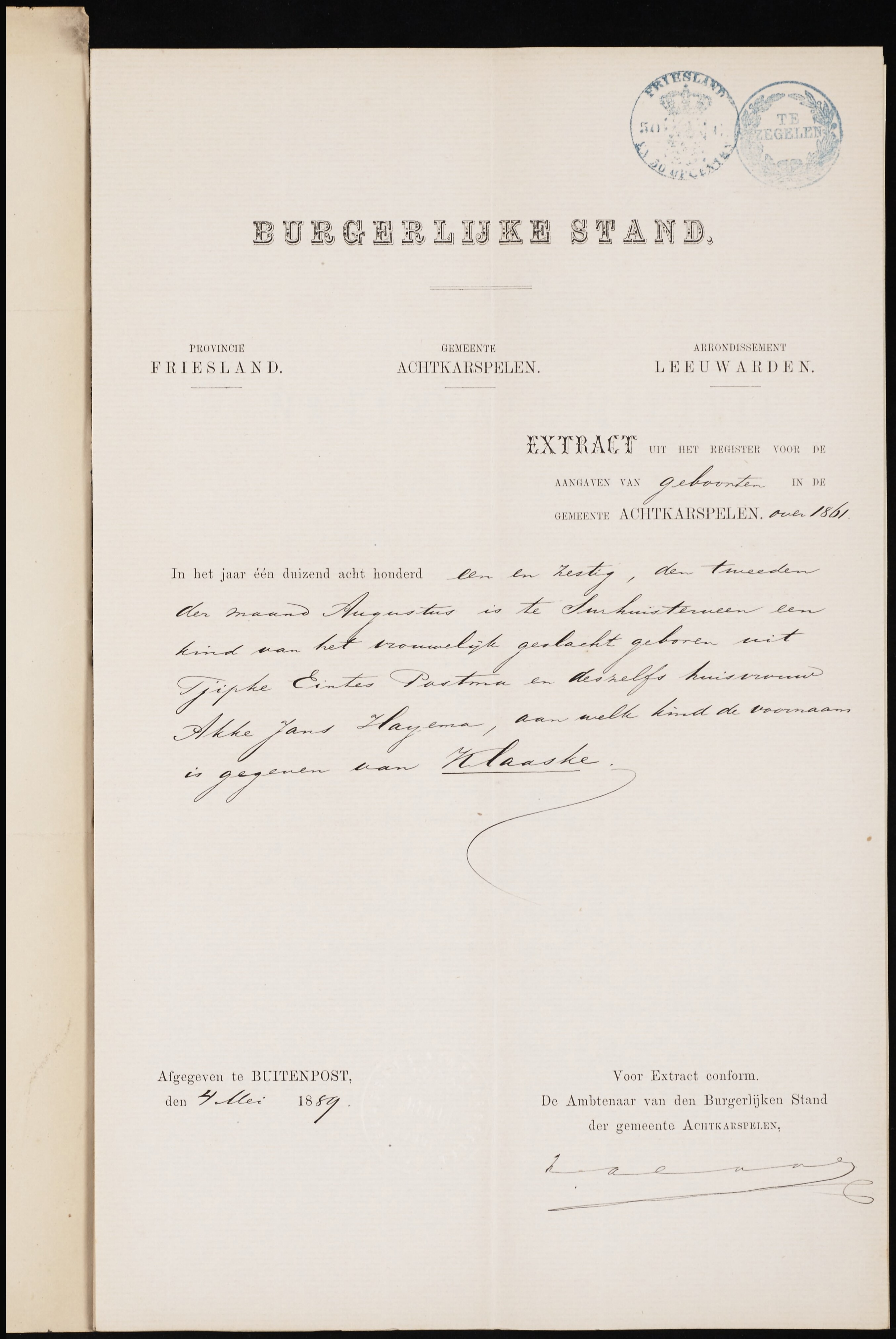 Durk Jans Veenstra & Klaaske Postma - Marriage Birth Extract, Bride 5-4-1889