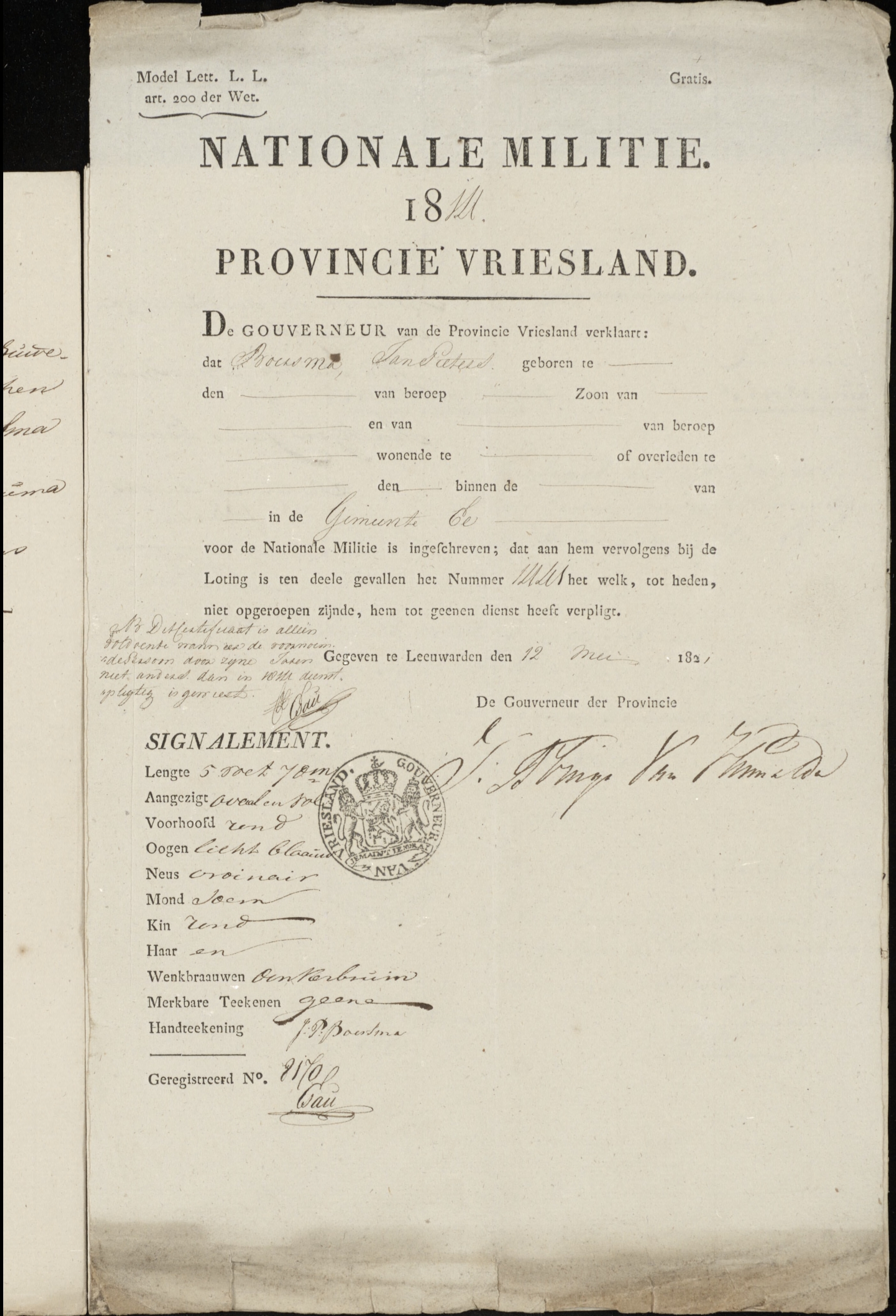Jan Pieters Boersma & Aukjen Jans Douma - Marriage Militia Certificate 5-17-1801