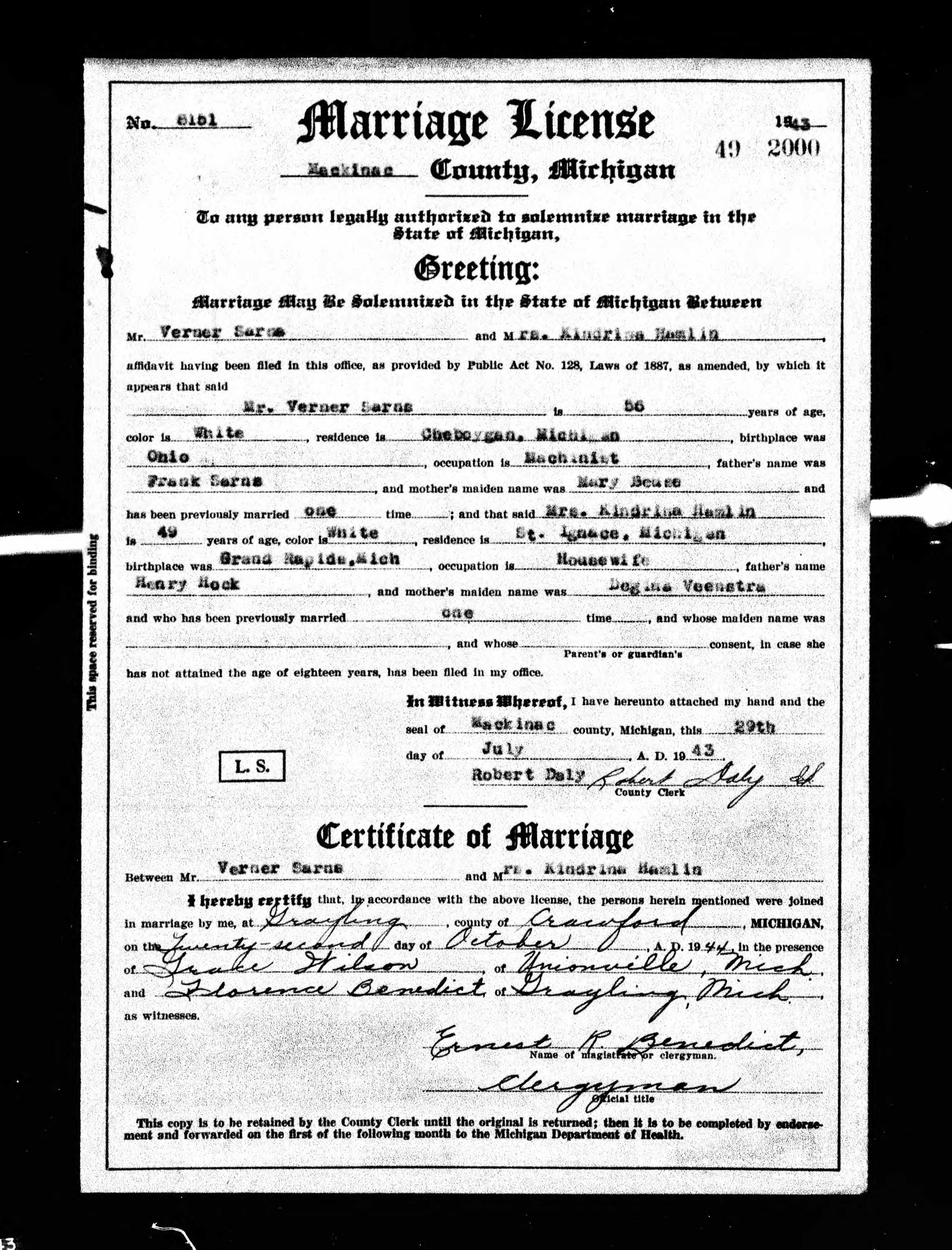 Verver Alexander Sarns & Kindrina Hendriks Hoek - Marriage License 10-22-1944