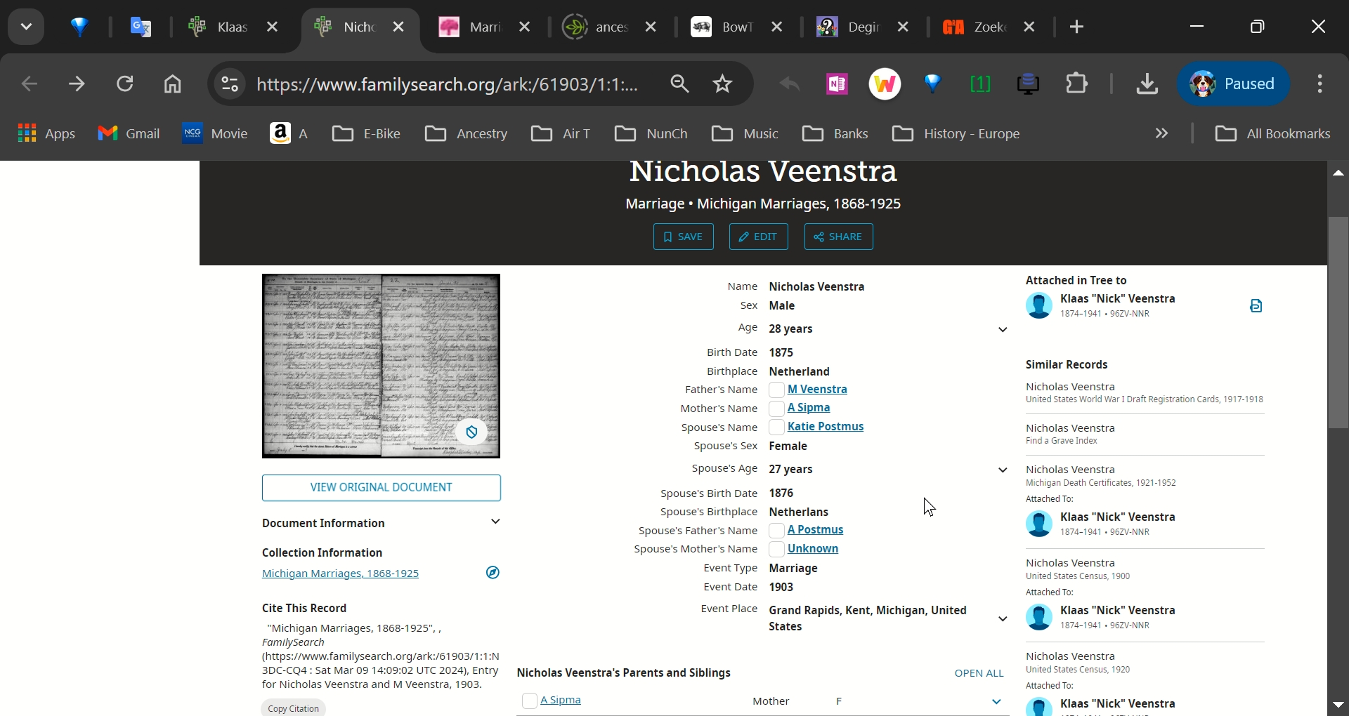 Nicholas Veenstra & Katie Postmus - Marriage Index 4-9-1903.