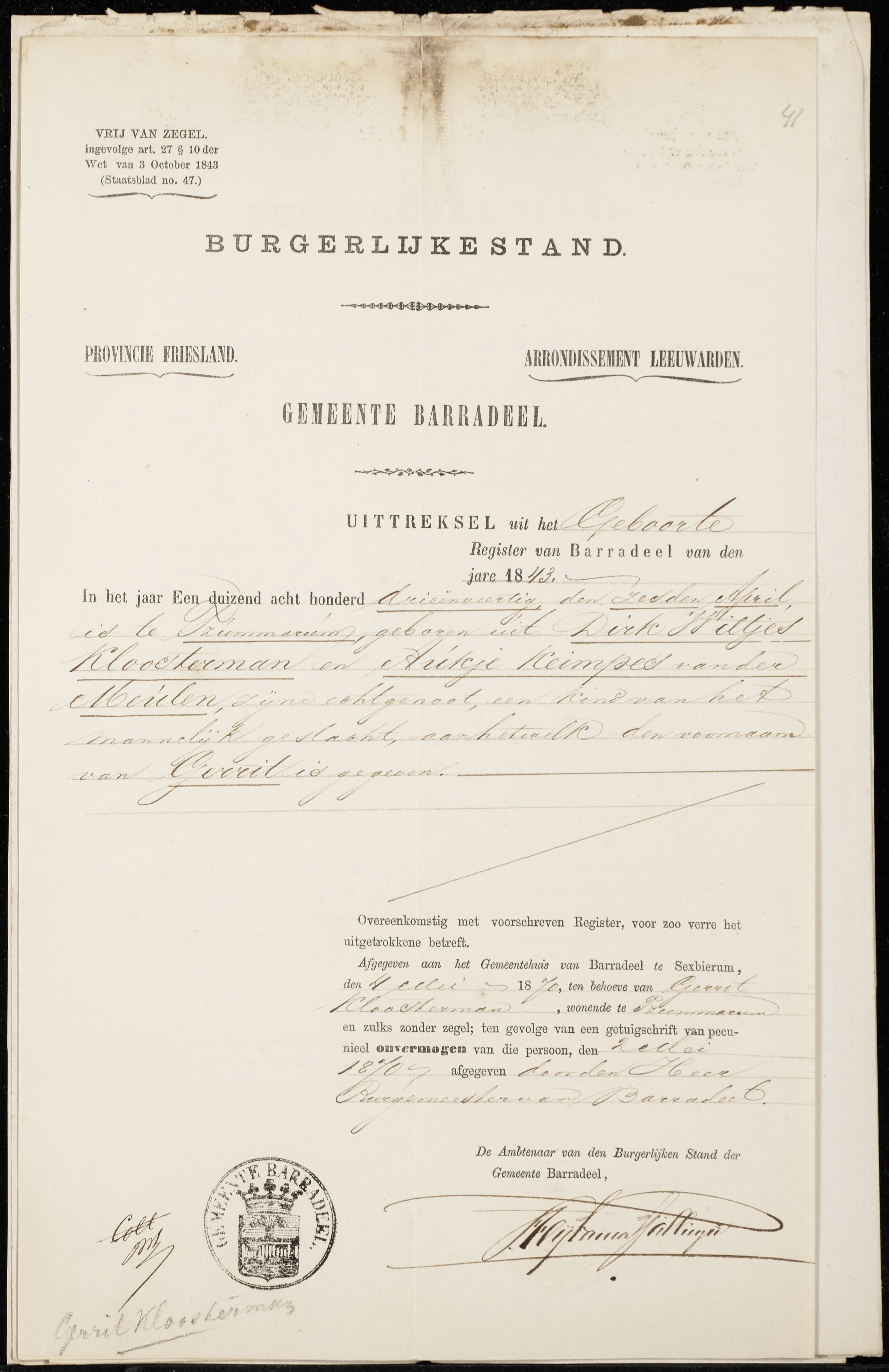 Gerrit Kloosterman & Lamke Lamsma - Marriage Birth Extract, Groom 5-28-1870