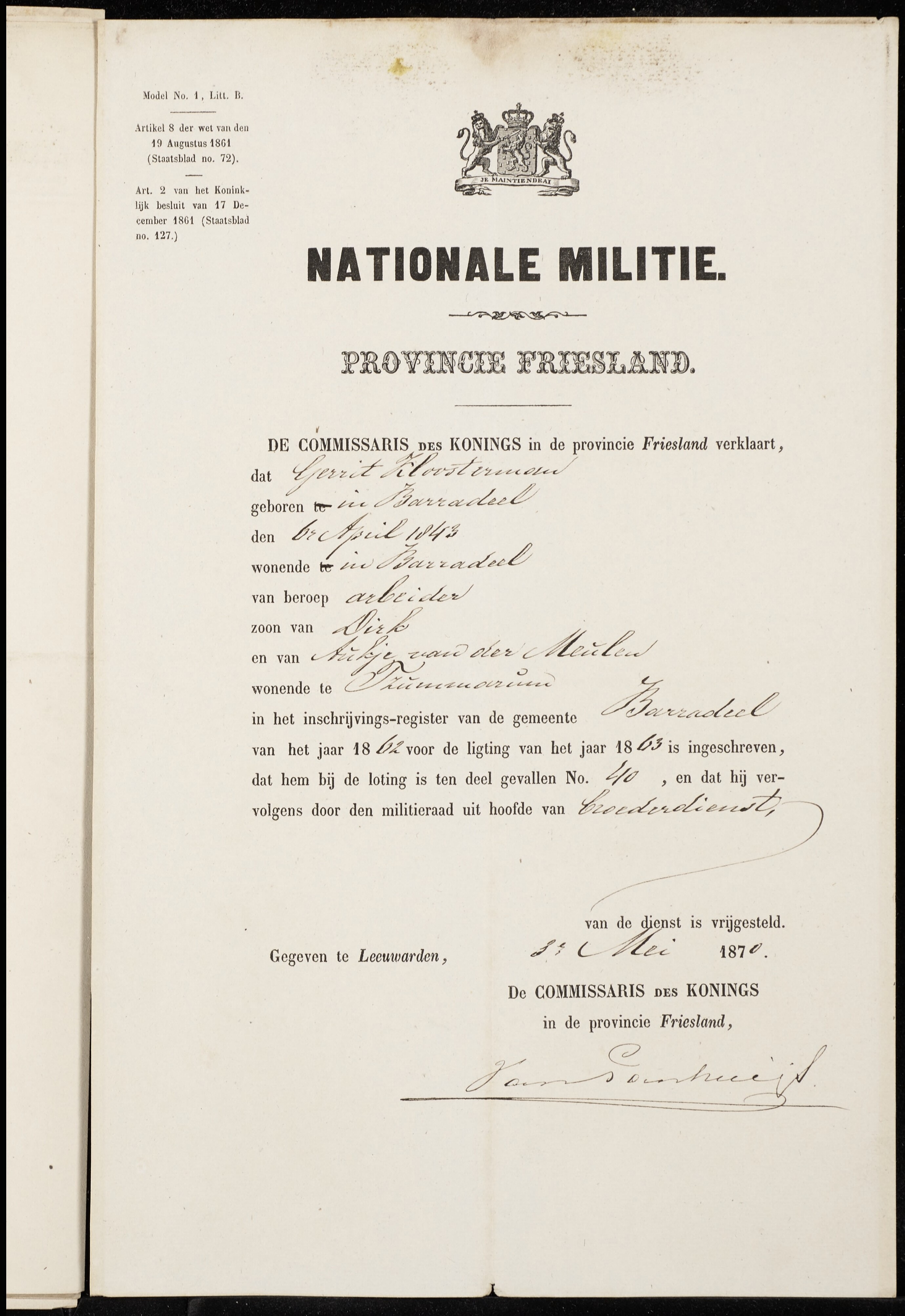 Gerrit Kloosterman & Lamke Lamsma - Marriage Militia Certificate 5-28-1870