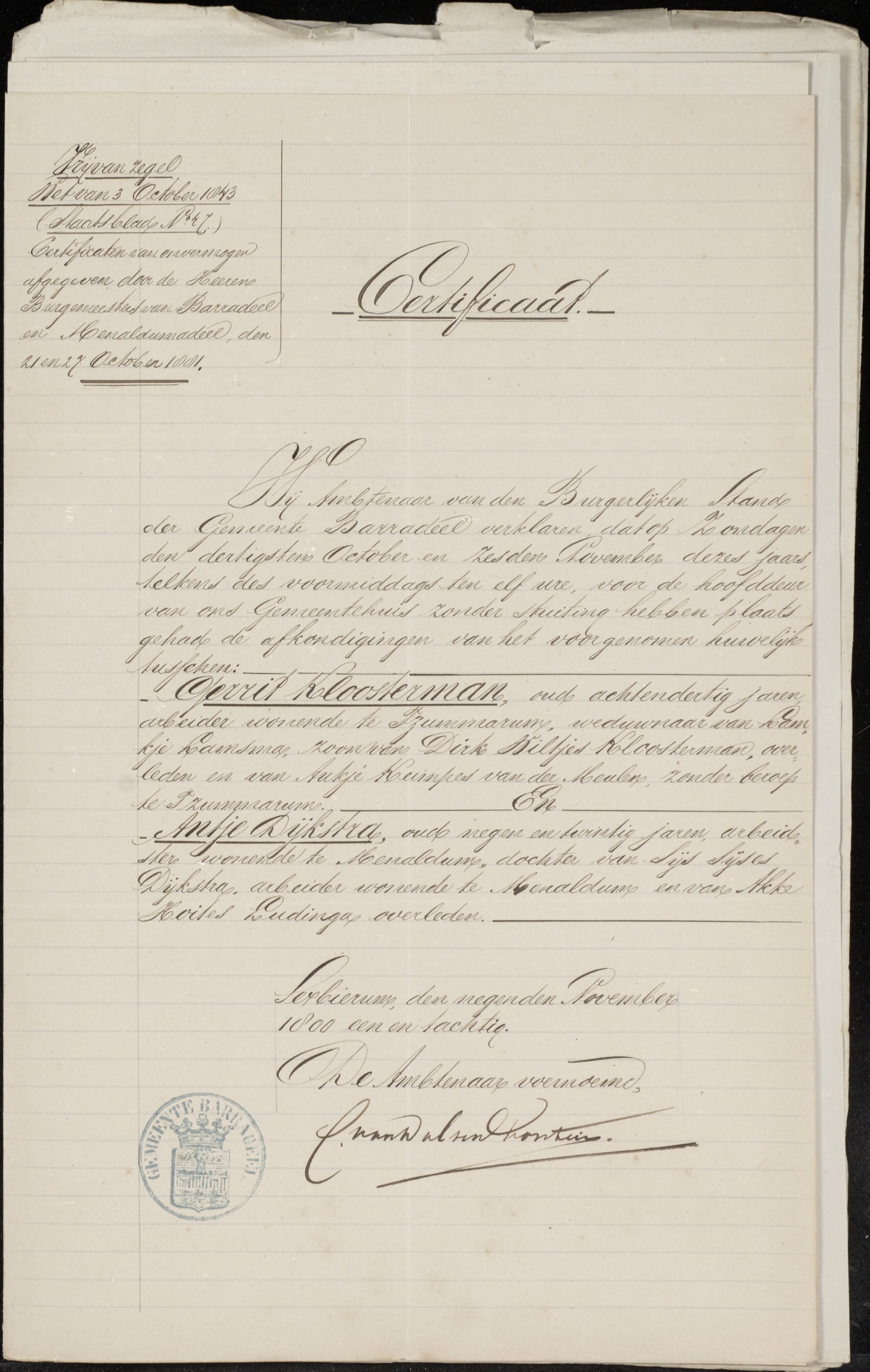 Gerrit Kloosterman & Antje Dijkstra - Marriage Certificaat 11-10-1881