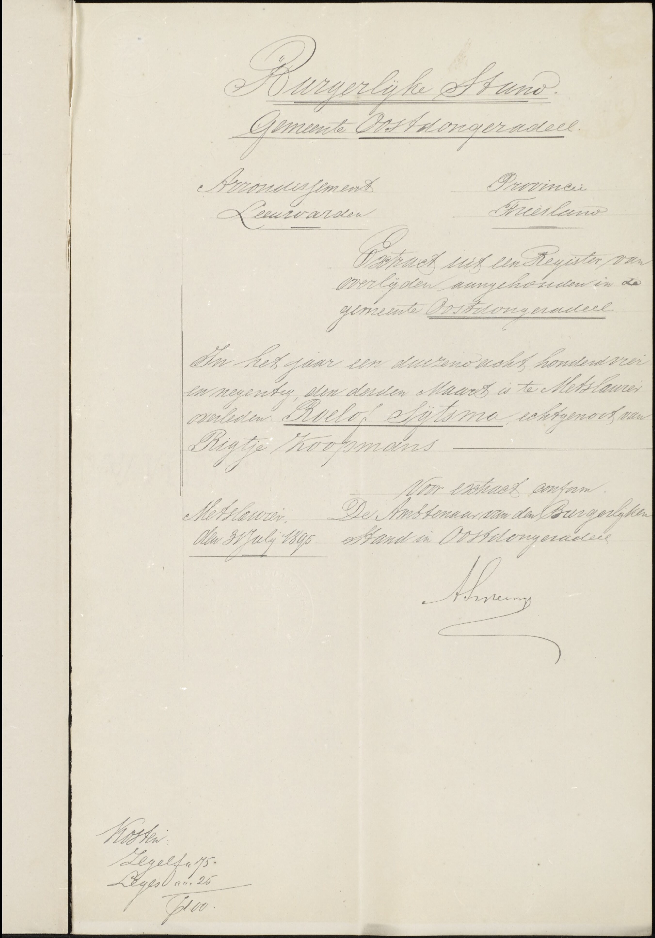 Sake Sierds Veenstra & Rigtje Koopmans - Marriage Death Extract, Bride's Prev. Spouce 8-15-1895