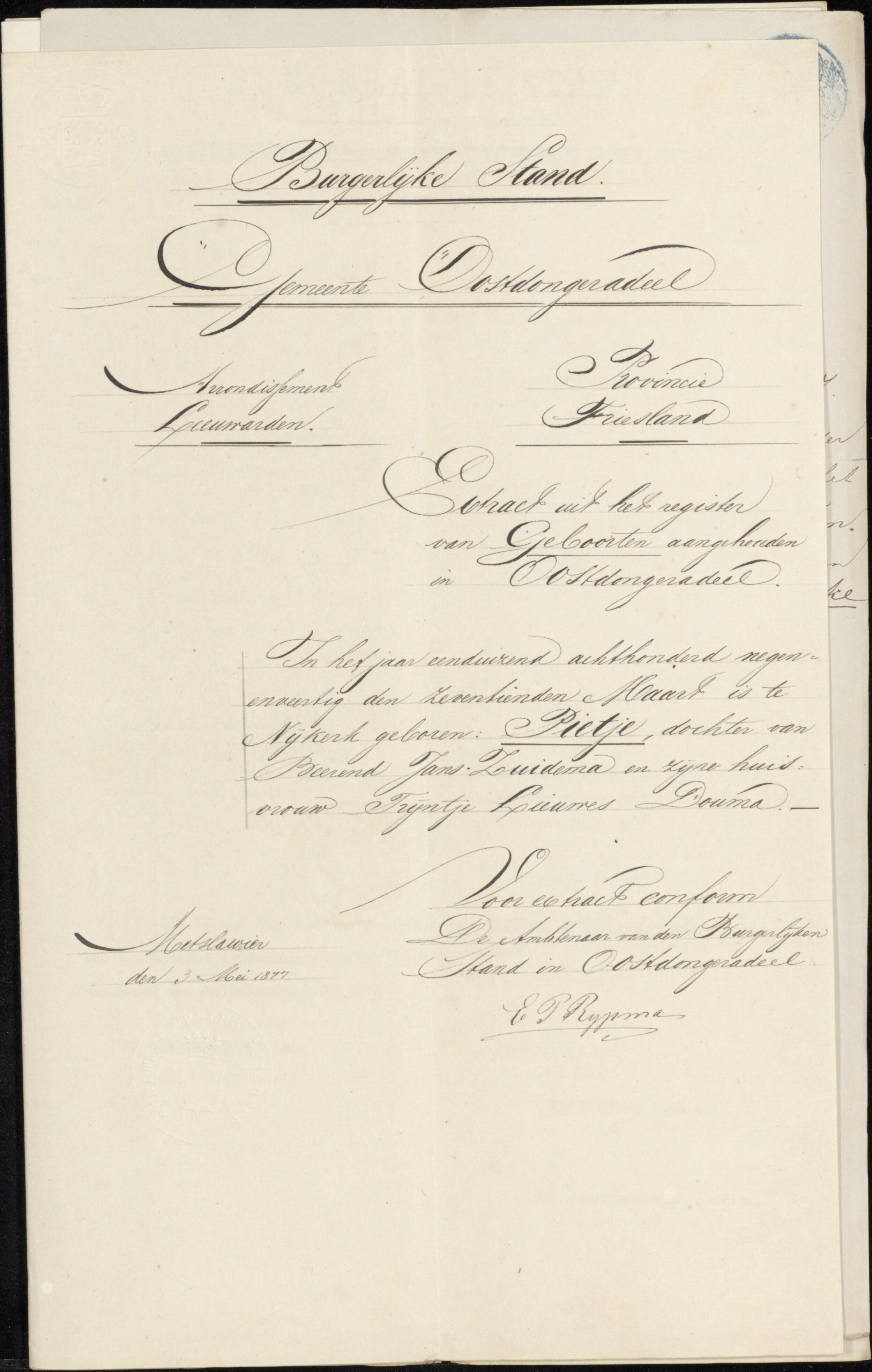 Sake Sierds Veenstra & Pietje Zuidema - Marriage Birth Extract, Bride 5-19-1877