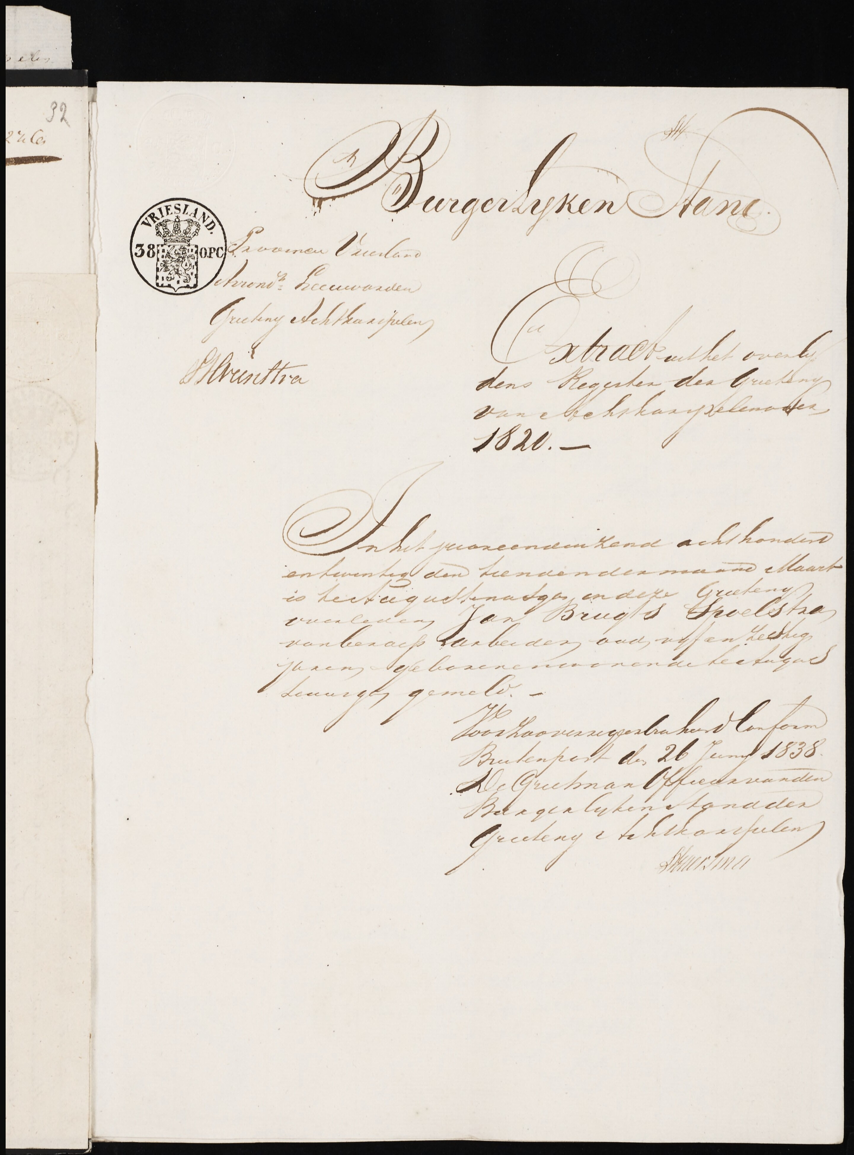 Sierd Veenstra & Hendrikje van Hielkema - Marriage Death Extract, Groom's Grandfather 6-26-1838