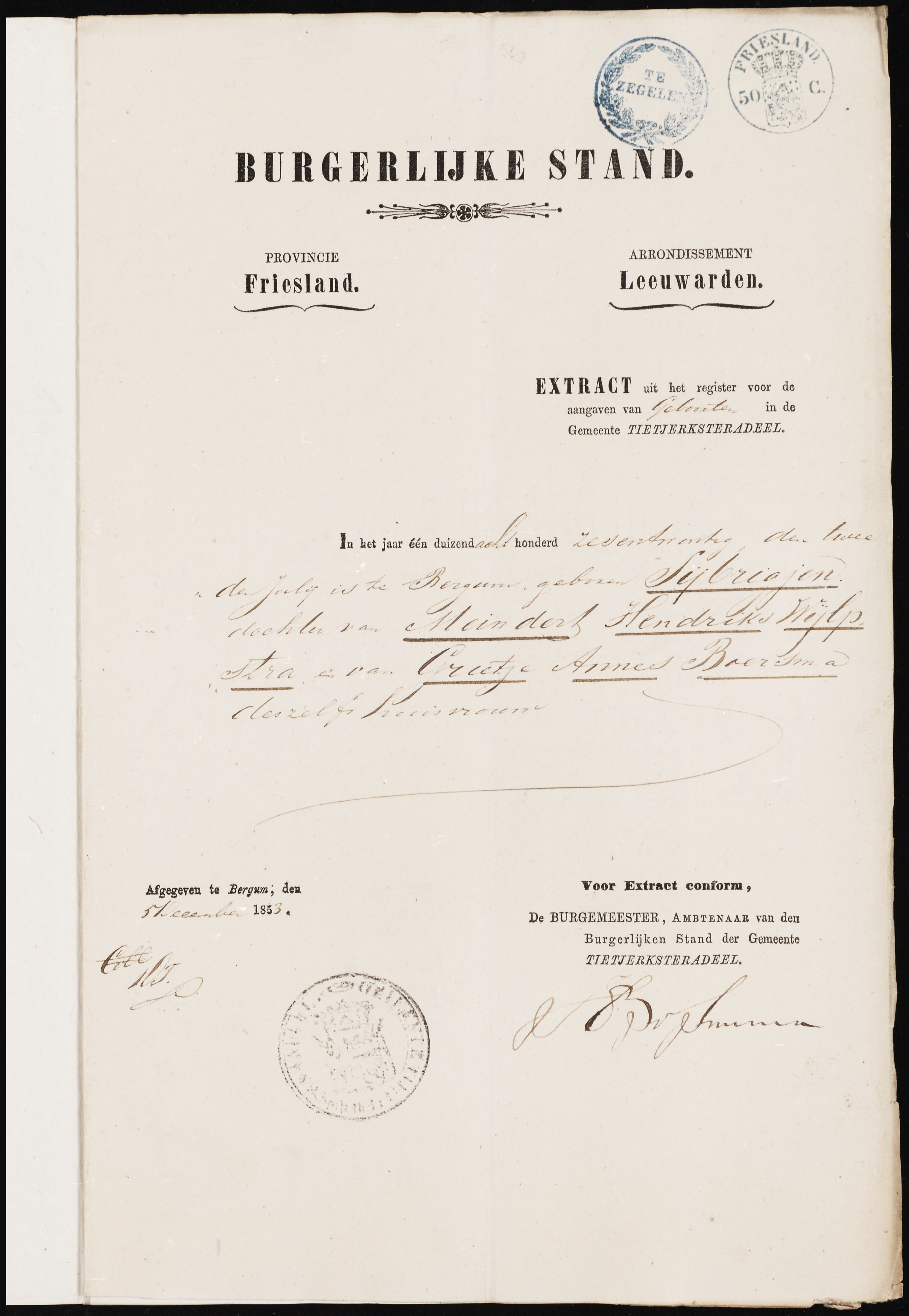 Sied Veenstra & Sybrigjen Meinderts Wilpstra - Marriage Birth Extract, Bride 12-24-1853