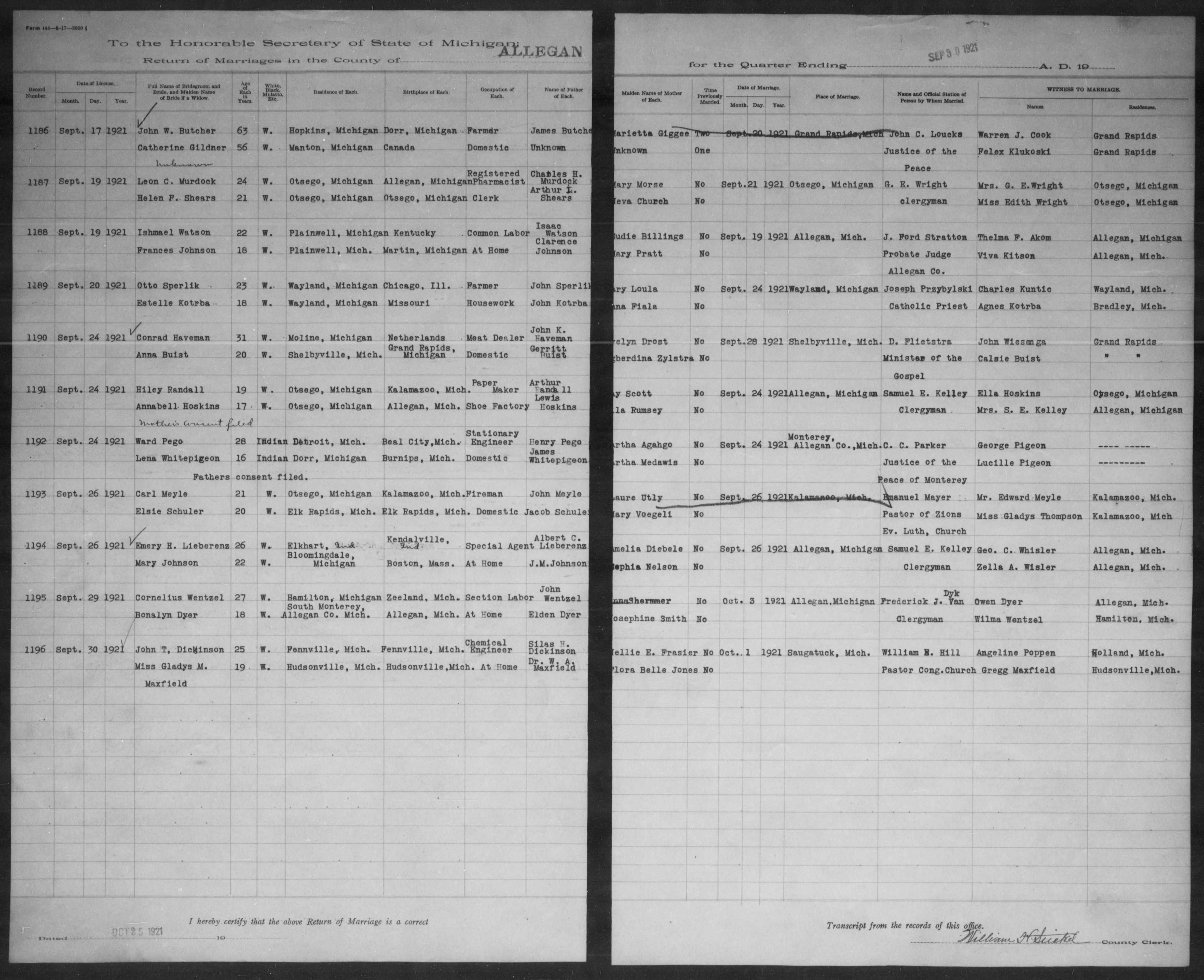 Koendert 'Conrad' Haveman & Anna Buist - Marriage Index 9-24-1921