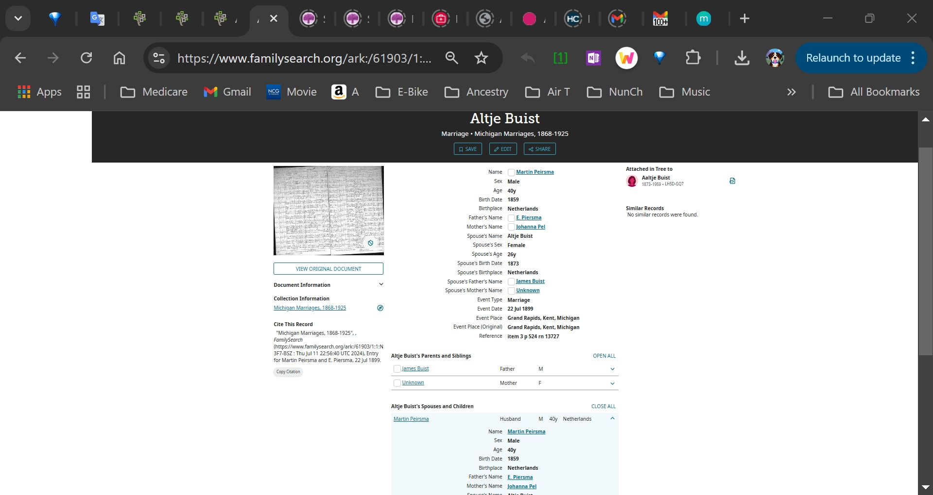 Martin Piersma & Aaltje 'Alice' Buist - Marriage Index 7-22-1899.