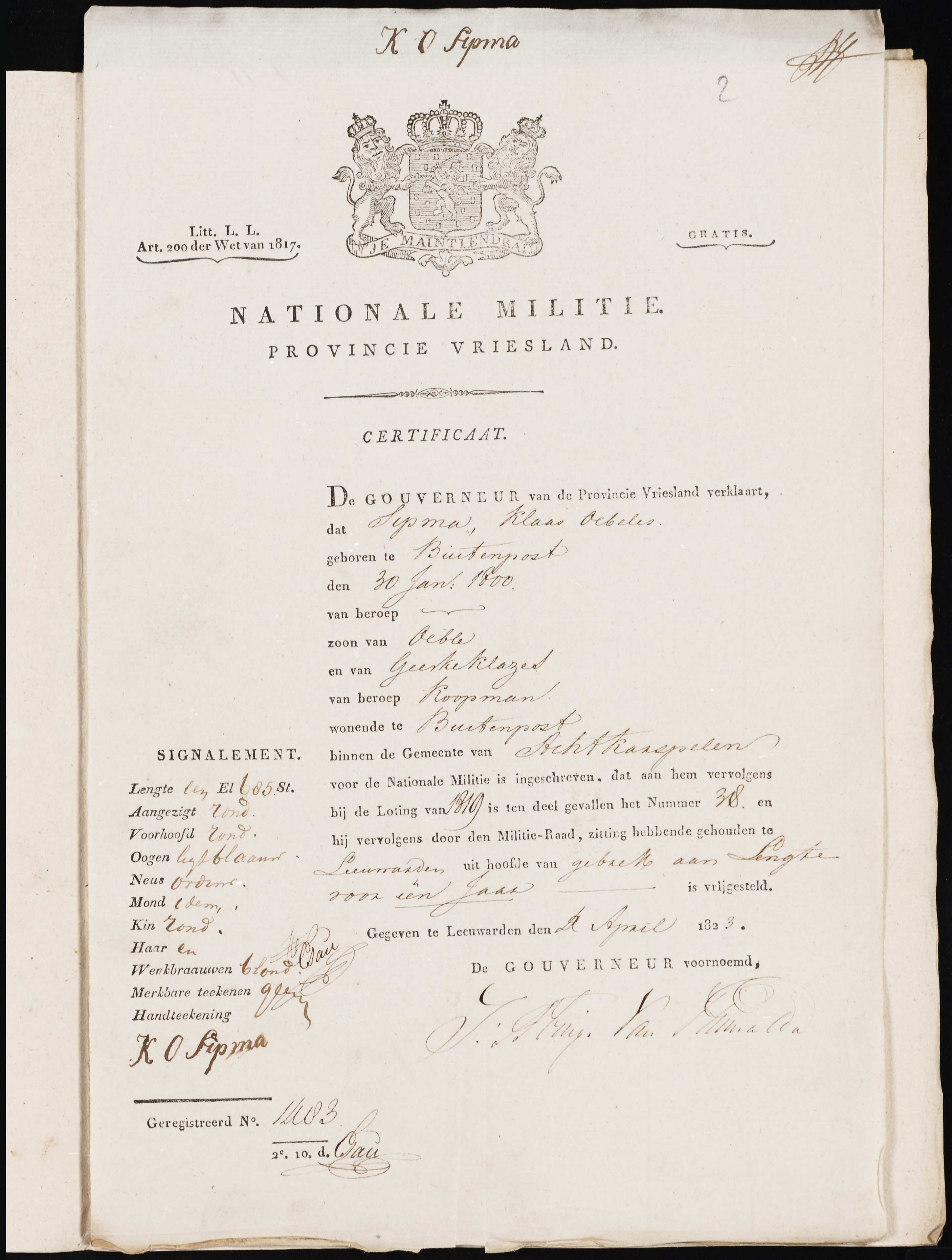 Klaas Sipma & Degina Wondaal - Marriage Militia Certificate 5-3-1823