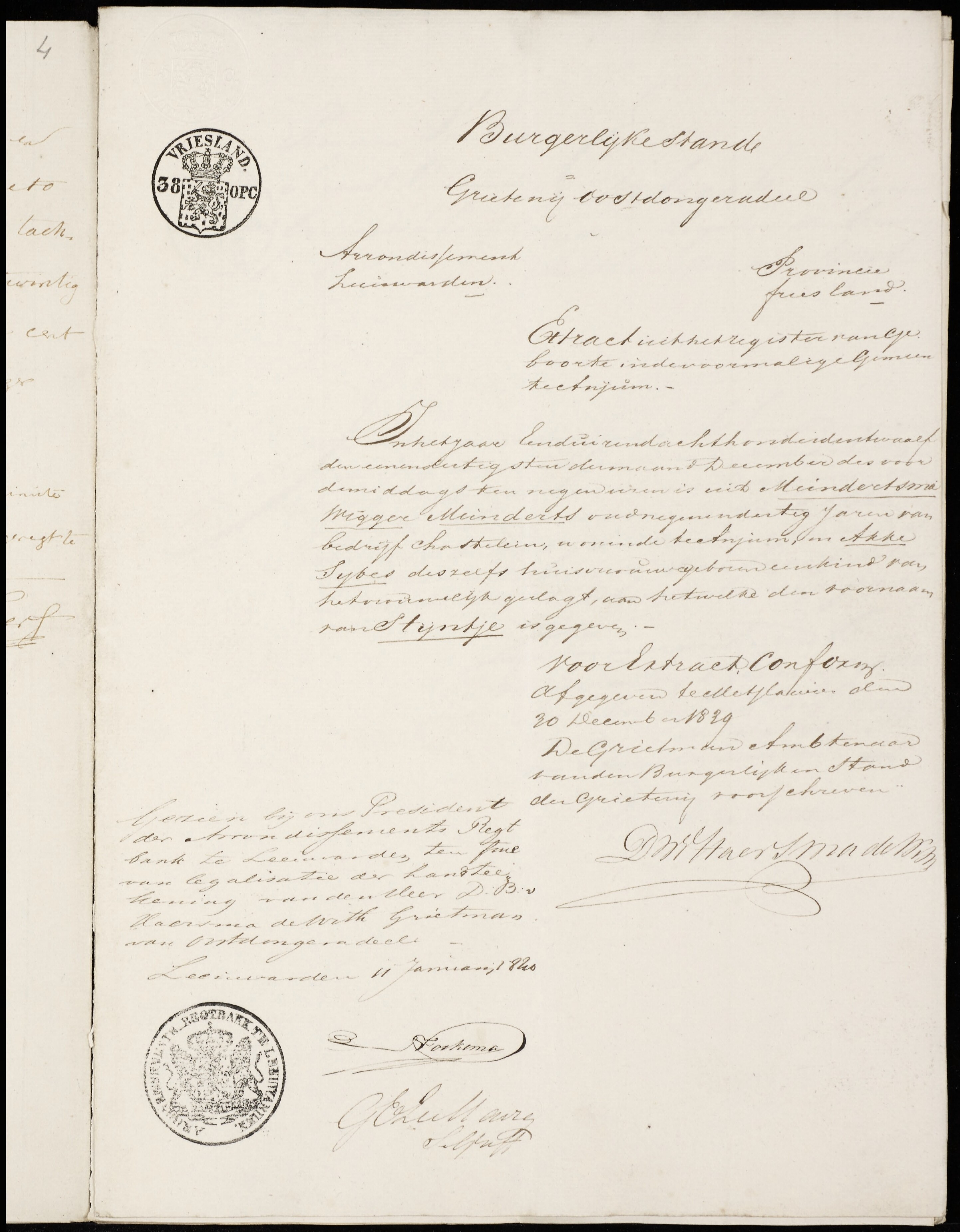 Johannes Melles Feenstra & Stijntje Meindertsma - Marriage Unknown Extract, Bride 2-5-1840