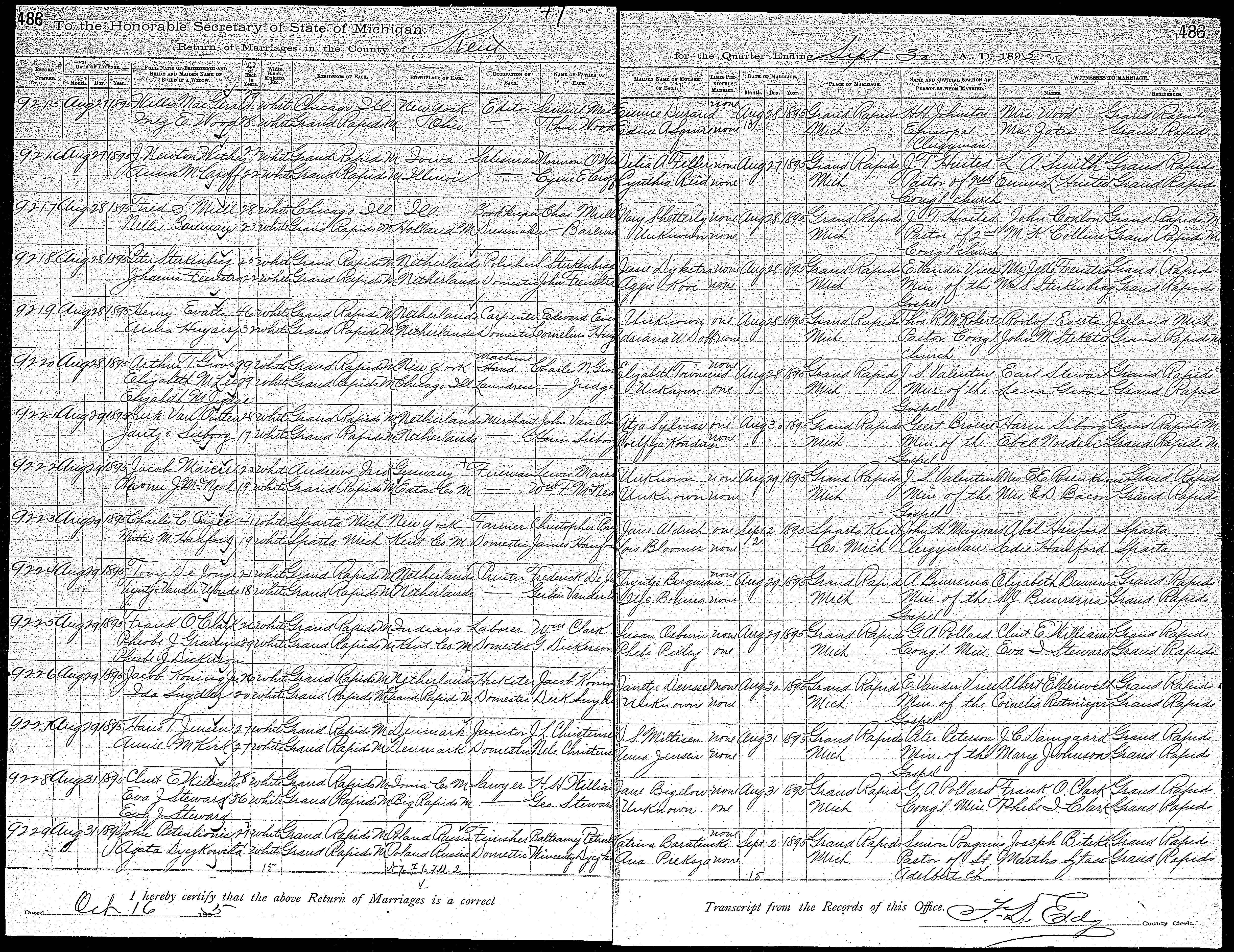 Peter Sterkenburg & Johanna Veenstra - Marriage Index 8-28-1895