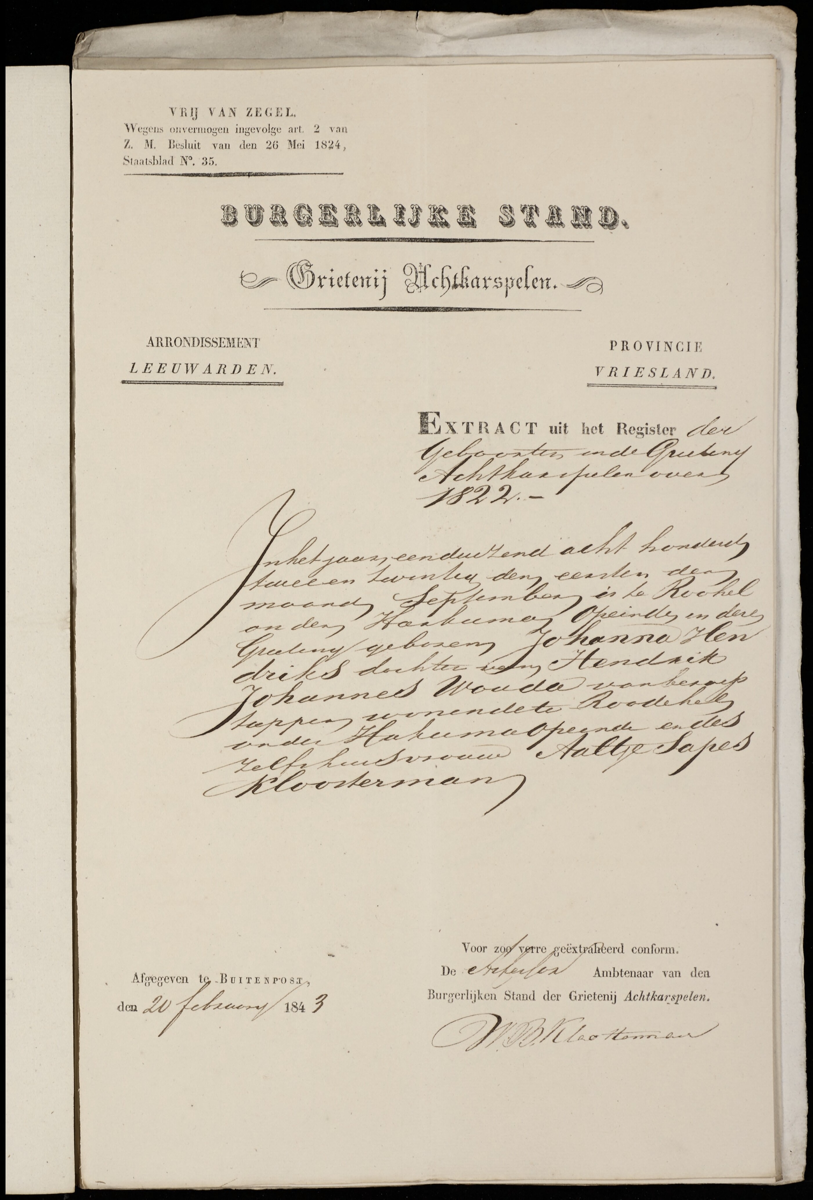 Sjoerd Feenstra & Johanna Wouda - Marriage Birth Extract, Bride 2-20-1843.