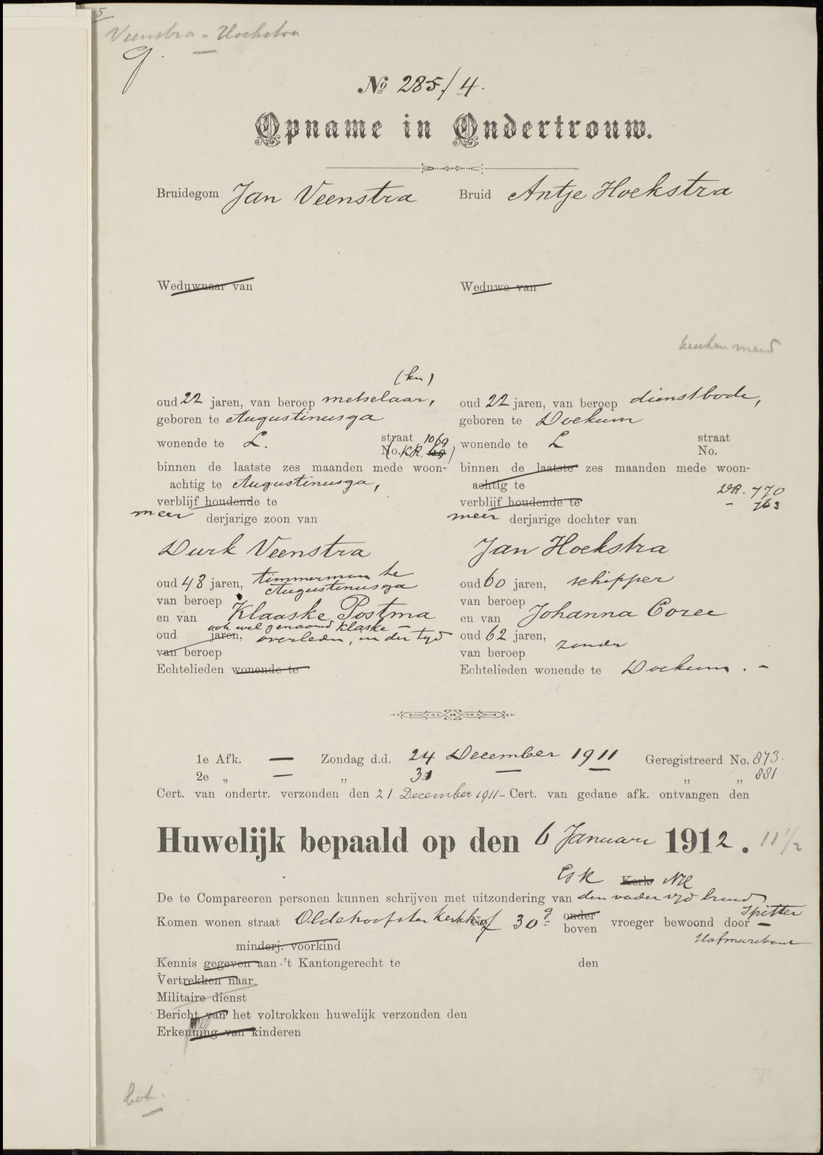Jan Durks Veenstra & Antje Hoekstra - Marriage Certificaat 1-6-1912,