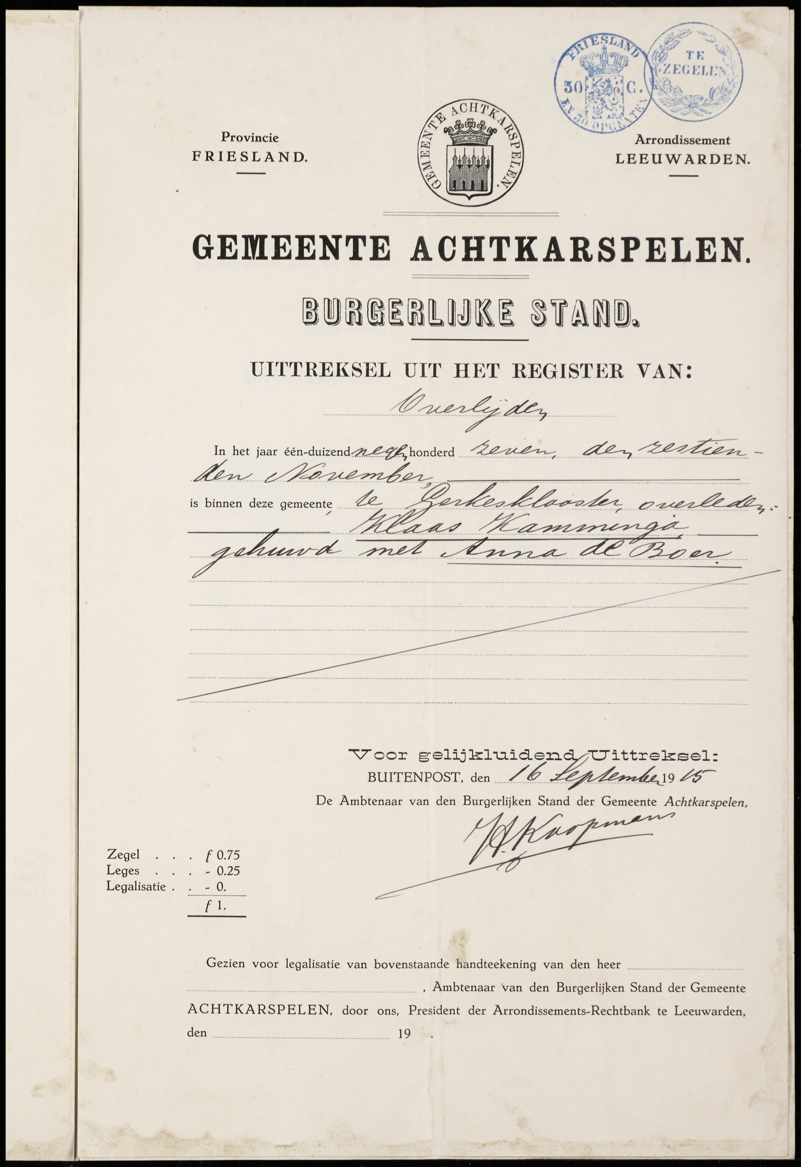 Jan Kamminga & Akke Veenstra - Marriage Death Extract, Groom's Mother 9-18-1915